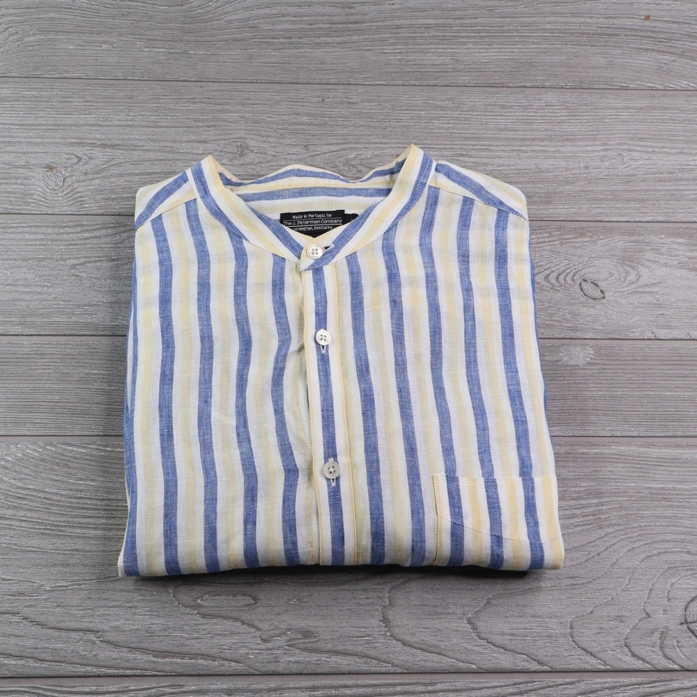 J. Peterman Co Linen Striped Band Collar Shirt Men's XL Blue Grandad